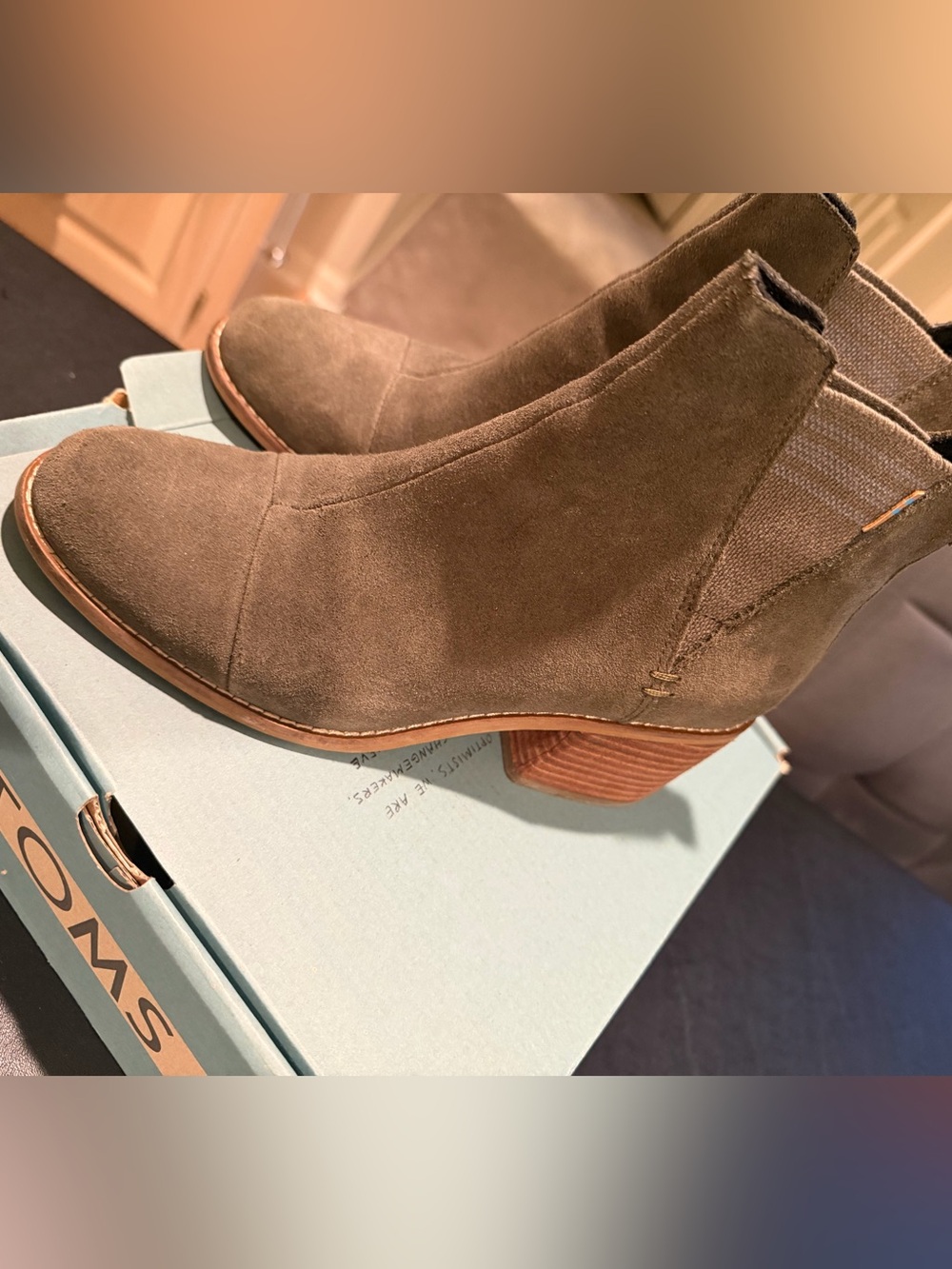 Toms Olive Suede Chelsea Booties with Stacked Heel